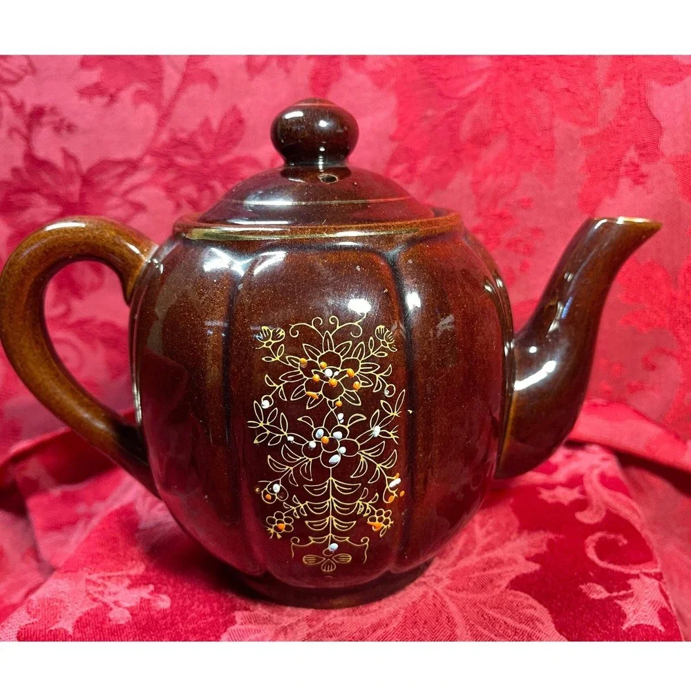 Vintage Moriage Brown Betty Teapot Hand Painted Made in Japan 1960s 3 Cup